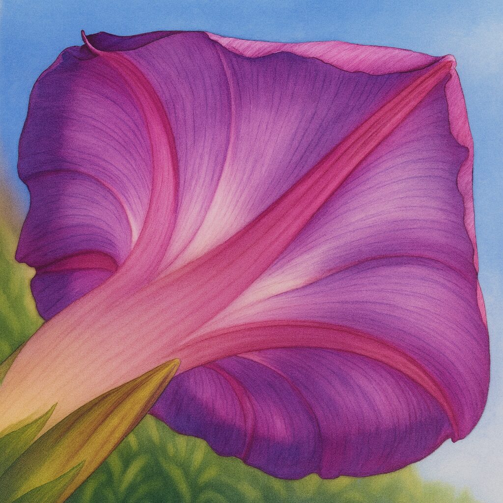 青空を背景にノアサガオの花弁の裏側を精密に描いたプロレベルの植物イラスト