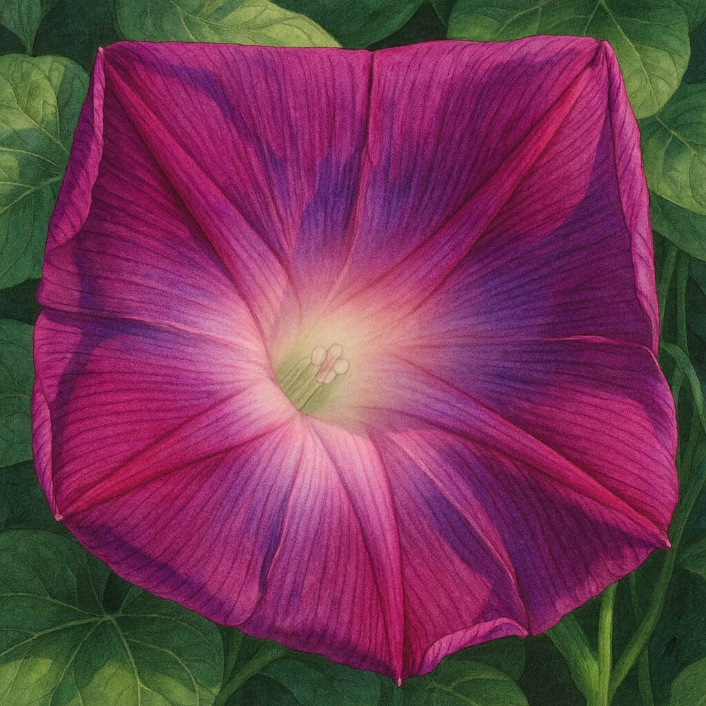 四角形に広がる紫色のノアサガオの花を精密に描いたプロレベルの植物イラスト