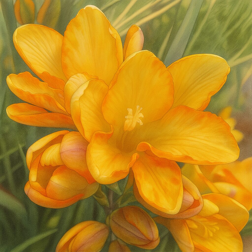 オレンジがかった黄色いフリージアの写実的なデジタルイラスト