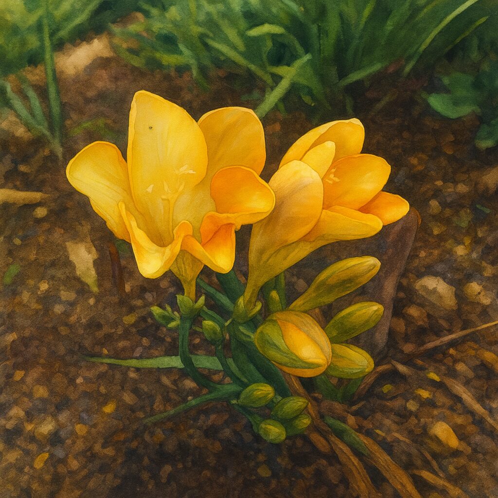 咲きかけのフリージアを描いたナチュラル系イラスト素材