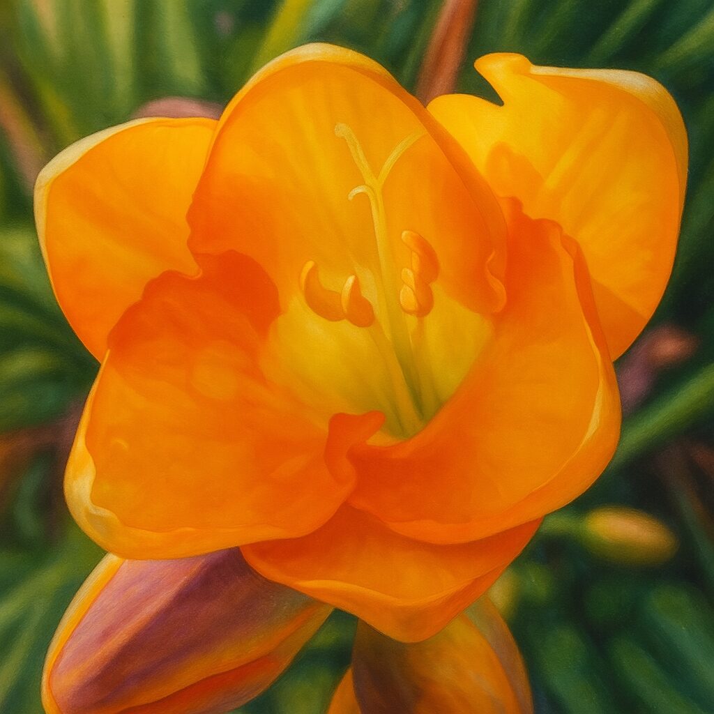 土の上に咲く小さなフリージアの可憐なイラスト