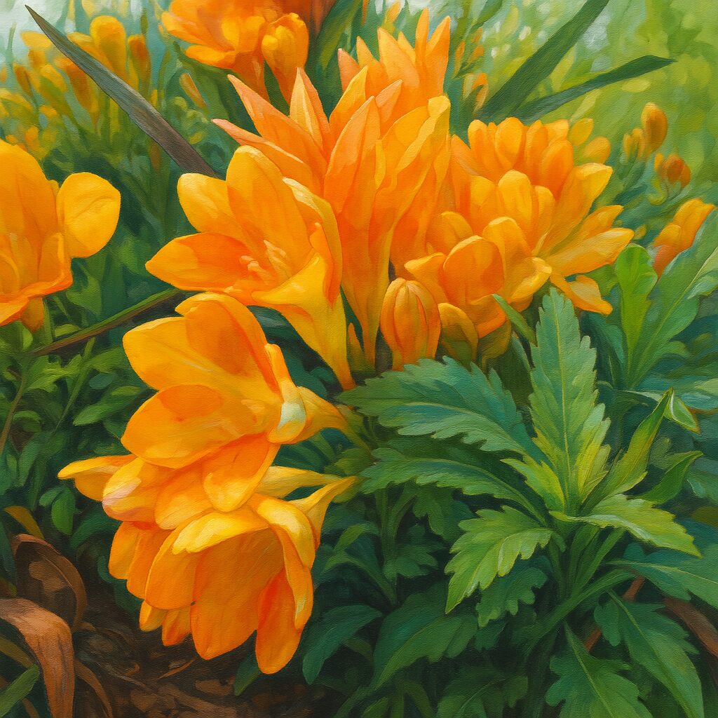 花の構造がよく分かる拡大描写のフリージアイラスト