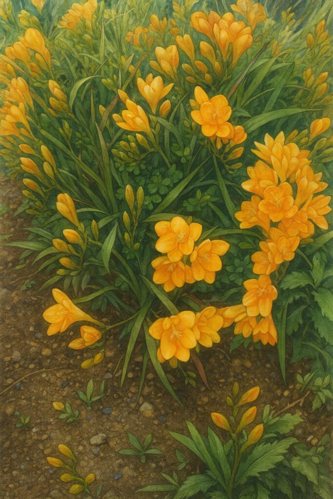 フリージアの花束を描いた色鮮やかな春の植物イラスト