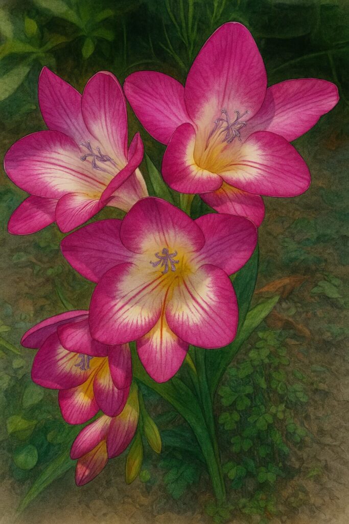 咲きそろったピンクと白のフリージアの花を丁寧に描いた植物イラスト