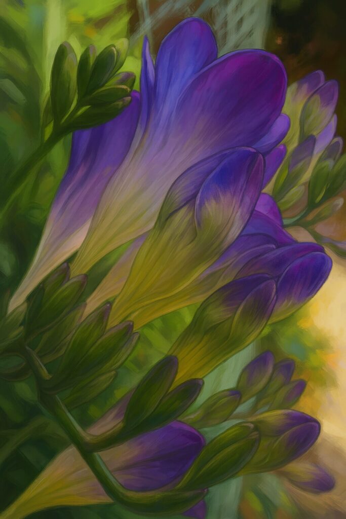 咲きかけの紫のフリージアとつぼみを描いた自然風植物イラスト