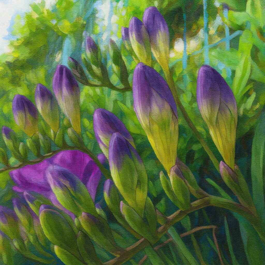 紫のつぼみが連なるフリージアを精密に描いた植物イラスト