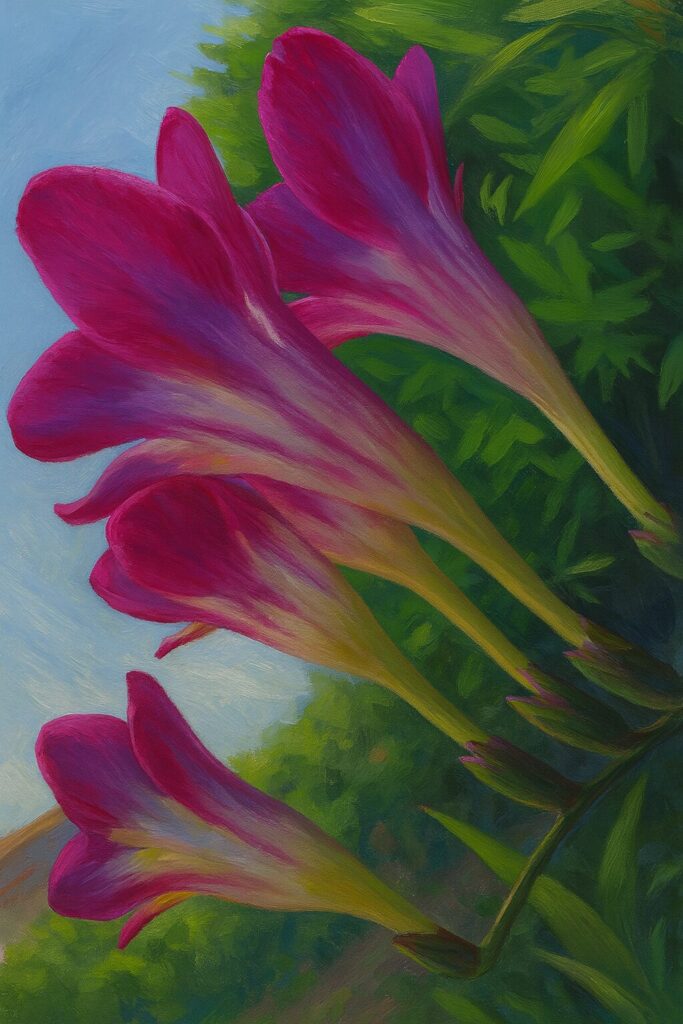 横から見たピンクのフリージアの花をリアルに描いたイラスト作品