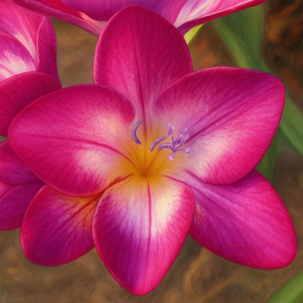 中心が黄色く際立つピンクのフリージアを写実的に表現したボタニカルアート