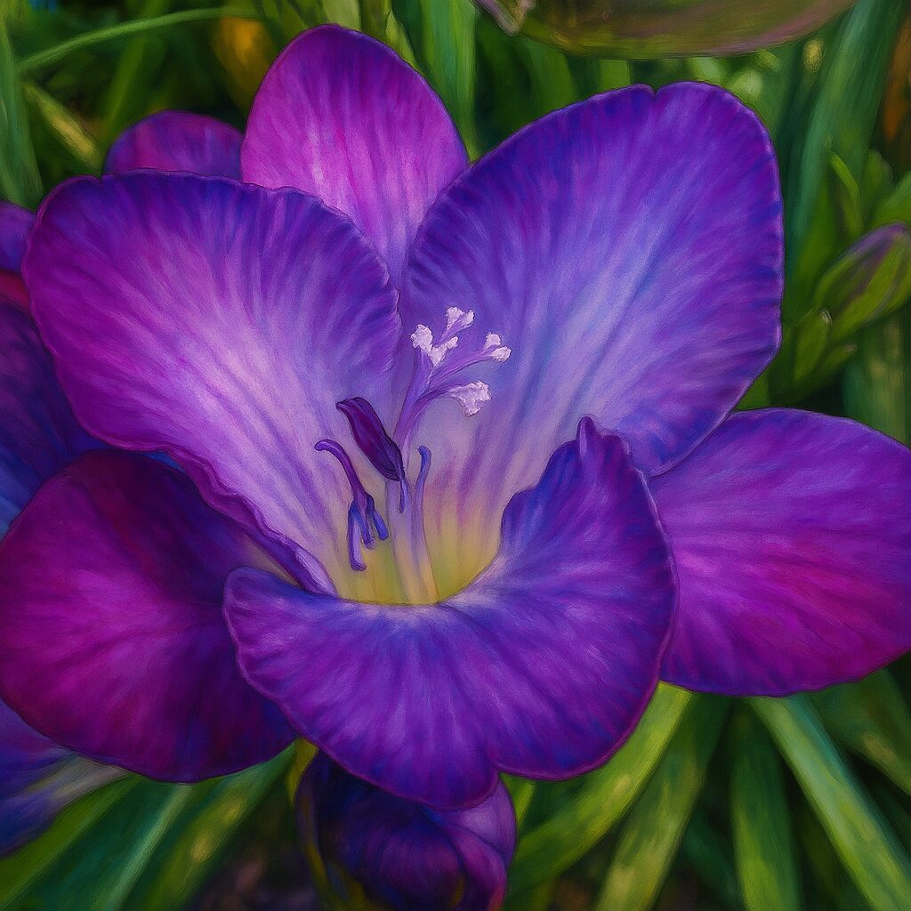 紫色のフリージアの花が咲く様子を鮮やかに描いた春のイラスト