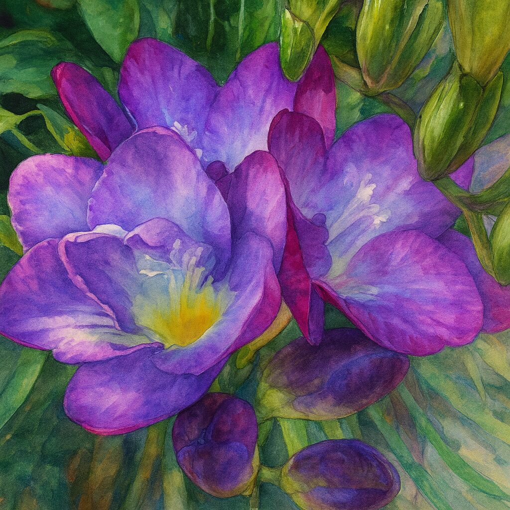 淡い紫と白のフリージアの花を繊細に描いた植物画