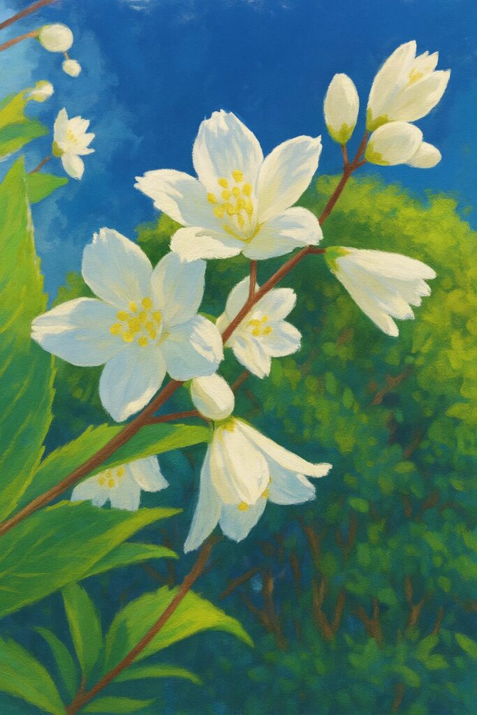 青空を背景に咲くヒメウツギの白い花を繊細に描いたボタニカルイラスト