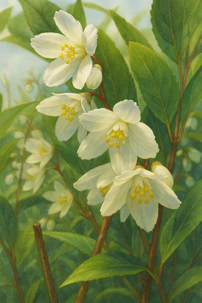 葉に囲まれて咲くヒメウツギの自然な姿を描いたナチュラルテイストのイラスト