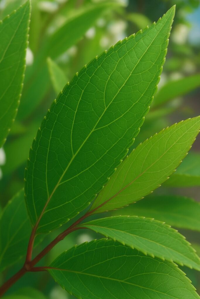 鋸歯のある緑の葉の細部まで描き込まれたヒメウツギの葉のイラスト