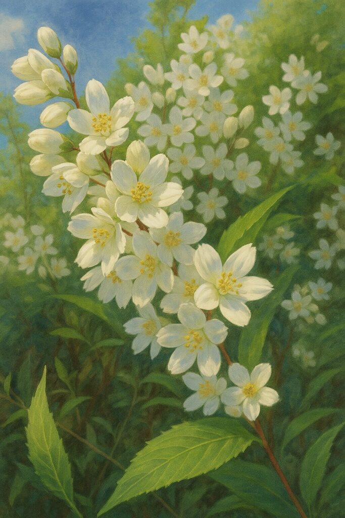 花房が豊かに描かれたヒメウツギの枝のイラスト作品