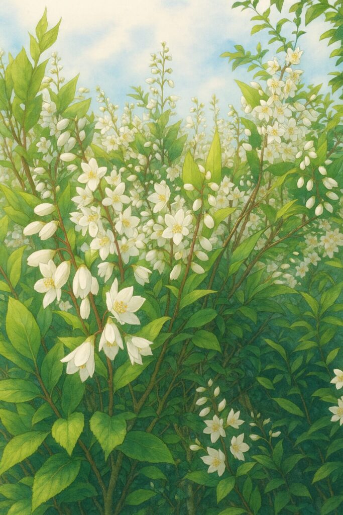 群れ咲くヒメウツギを緑背景とともに描いた植物群イラスト