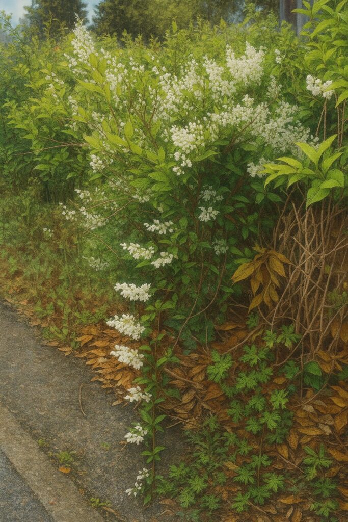 自然の中で咲くヒメウツギの全体像を描いた環境イラスト