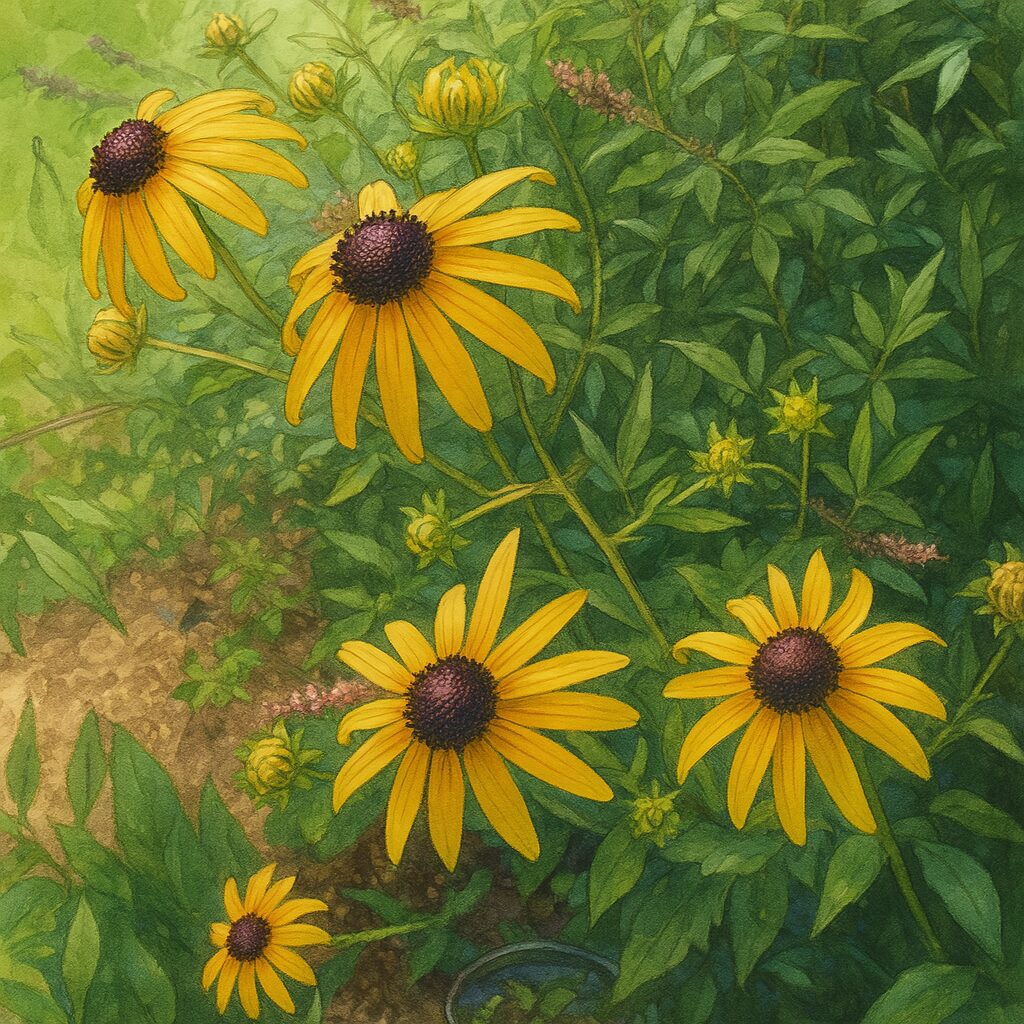 複数のミツバオオハンゴンソウが咲く風景を再現した植物イラスト