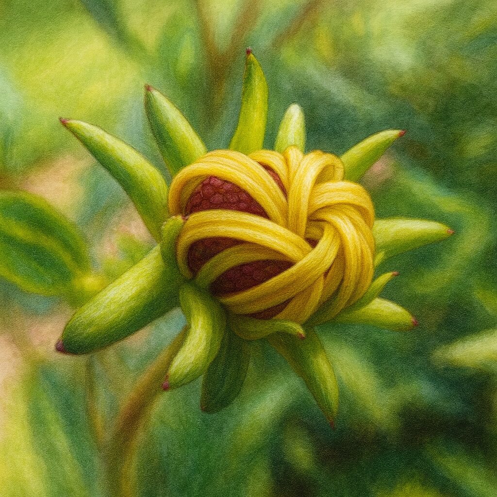 開花直前のミツバオオハンゴンソウのつぼみの精密なイラスト