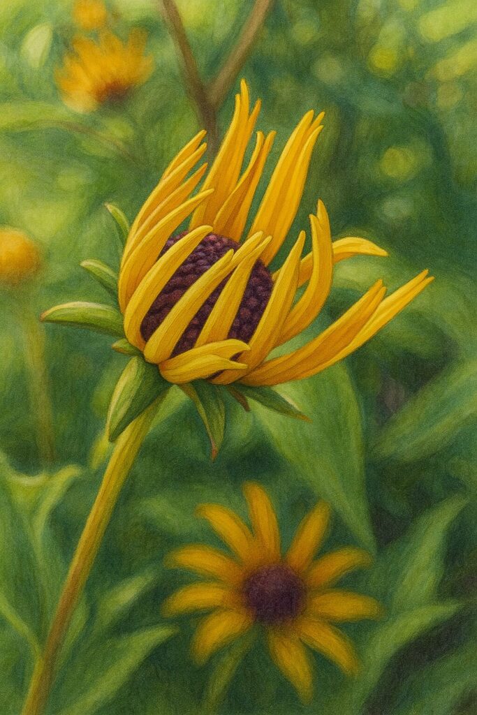 黄色の花びらが展開し始めたミツバオオハンゴンソウの開花初期のイラスト