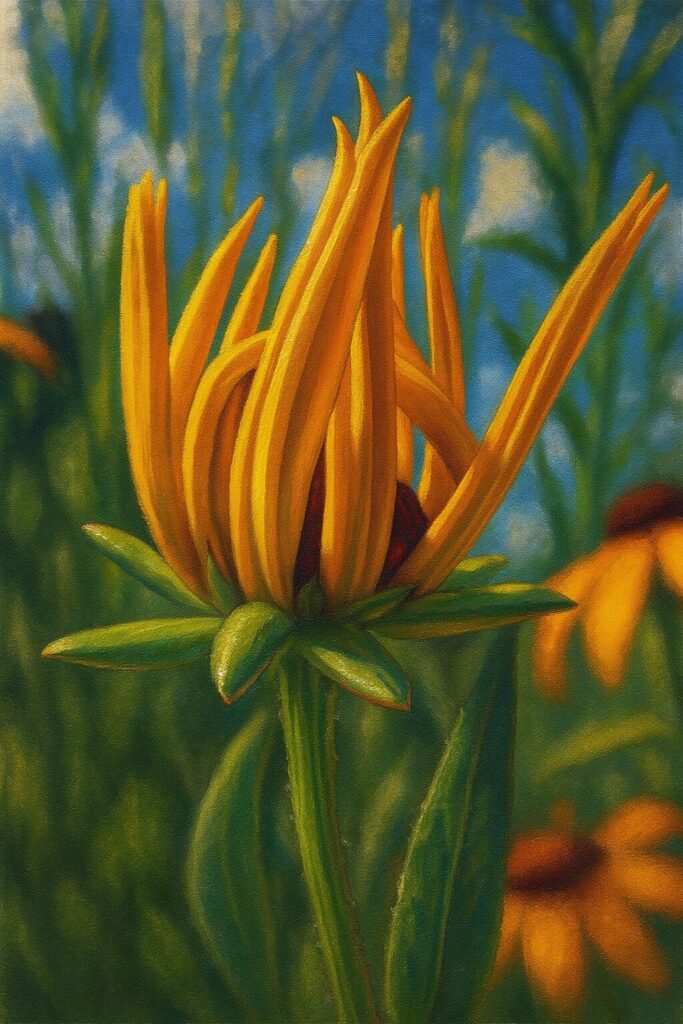 ミツバオオハンゴンソウの咲きかけの姿を丁寧に描いた植物画