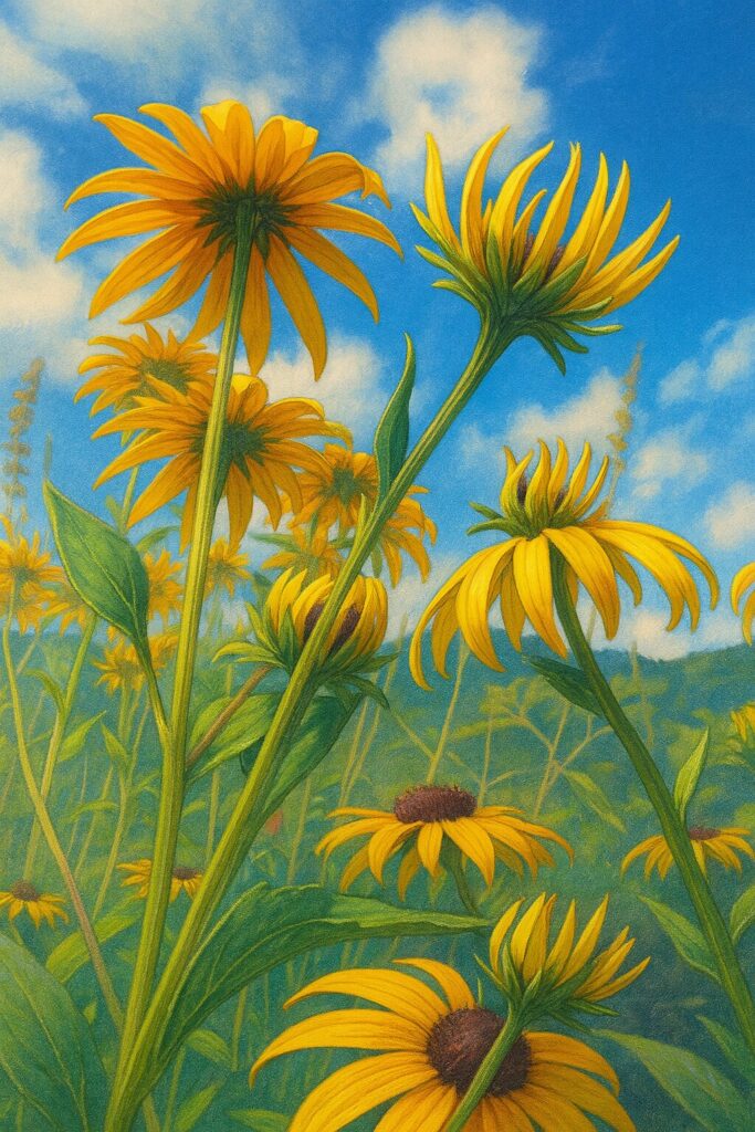 夏空と緑の中に咲くミツバオオハンゴンソウの群生イラスト