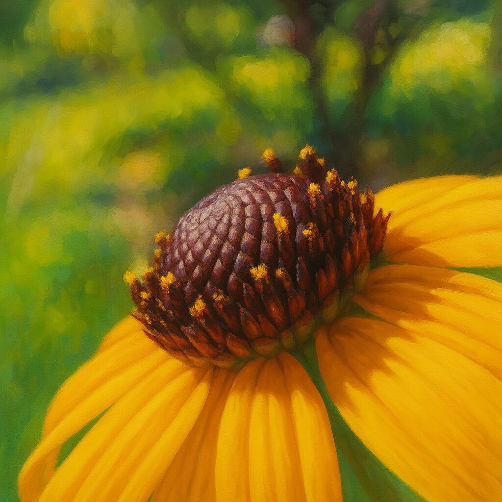 花粉が際立つミツバオオハンゴンソウの花心を描いた精密イラスト