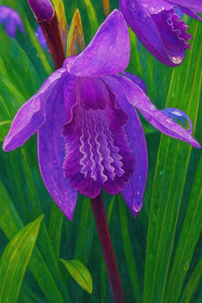 シランの紫色の花を精密に描いたリアル風イラスト