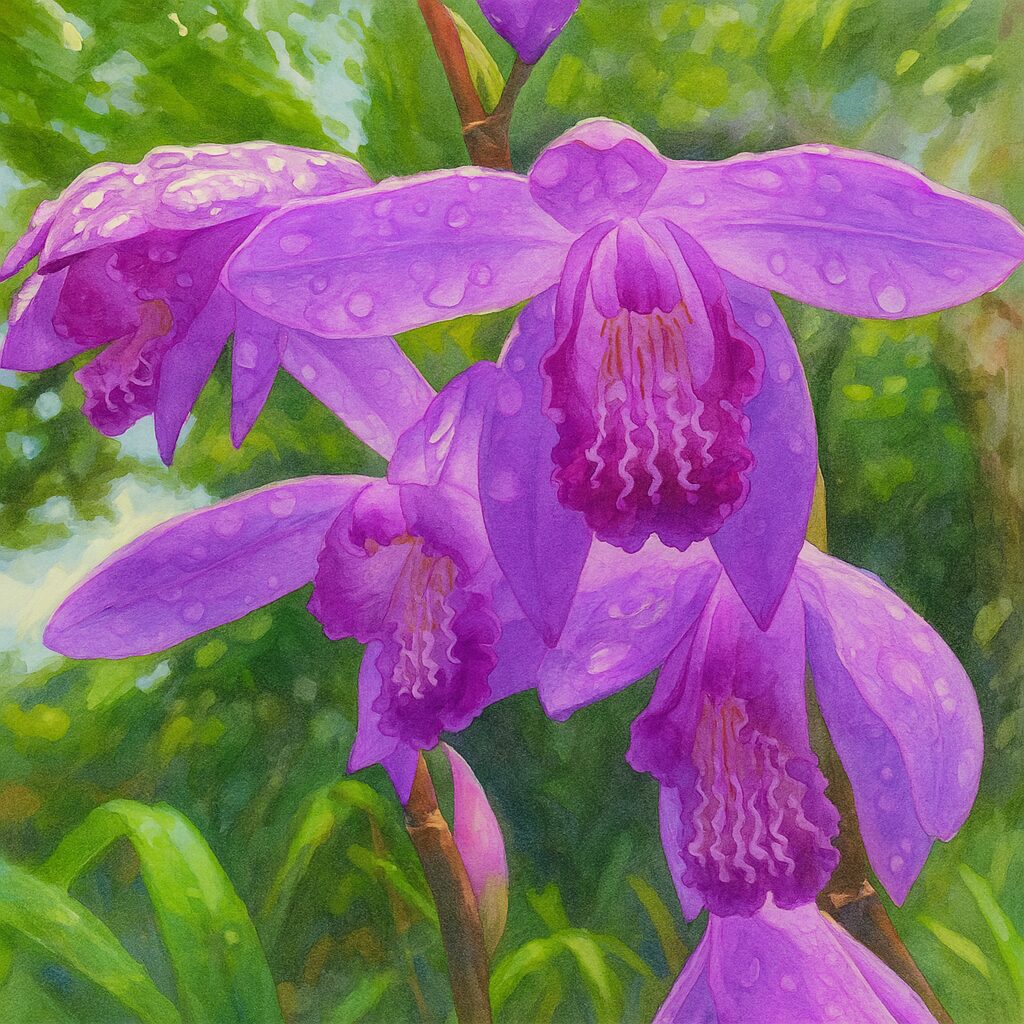 数輪のシランが咲く姿を雨上がり風に描いた植物イラスト