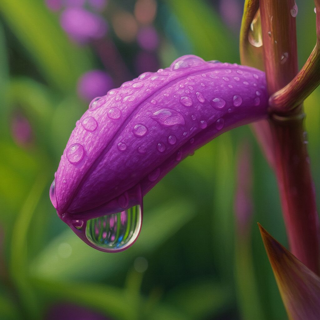 水滴がついたシランのつぼみをマクロ風に描いたイラスト