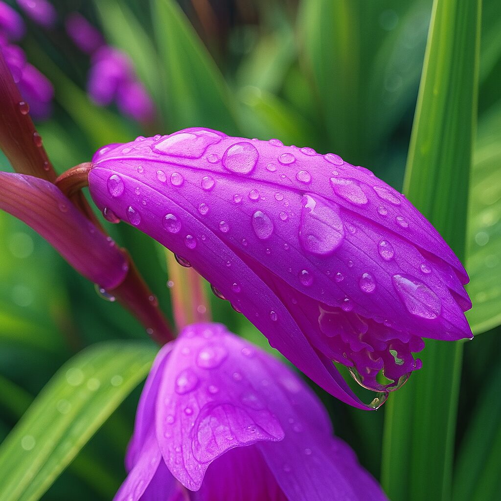 雨粒がのるシランのつぼみをリアルに表現したイラスト