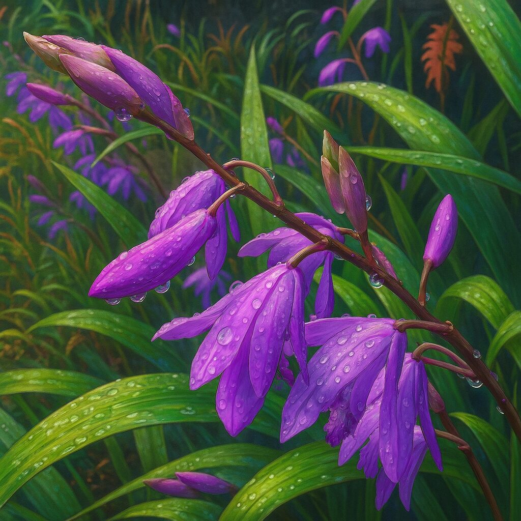 群生するシランと雨露を繊細に描いた自然植物イラスト