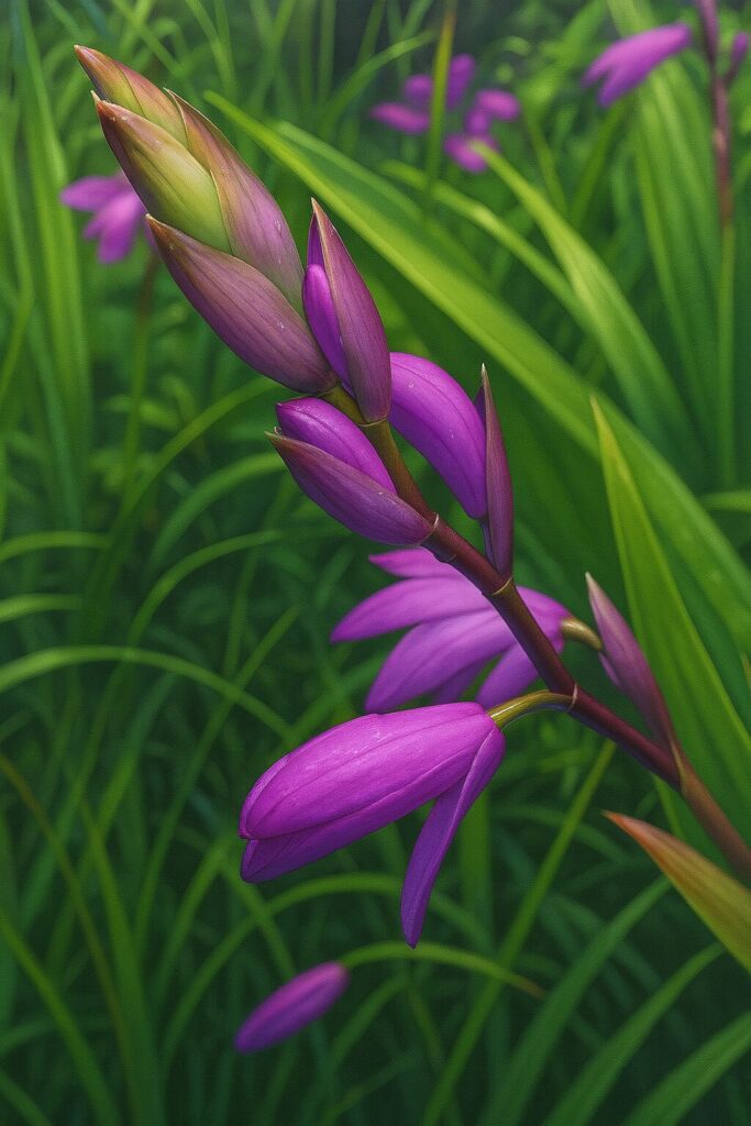 開花前のシランのつぼみを丁寧に描いたボタニカルアート