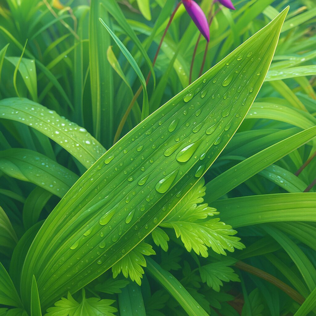 シランの葉に落ちた雨粒を詳細に描いた植物イラスト