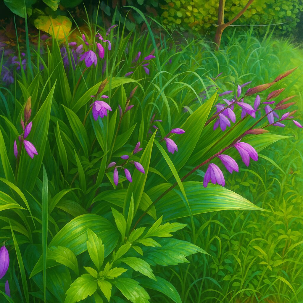 葉の間から伸びるシランのつぼみを描いた自然風景イラスト