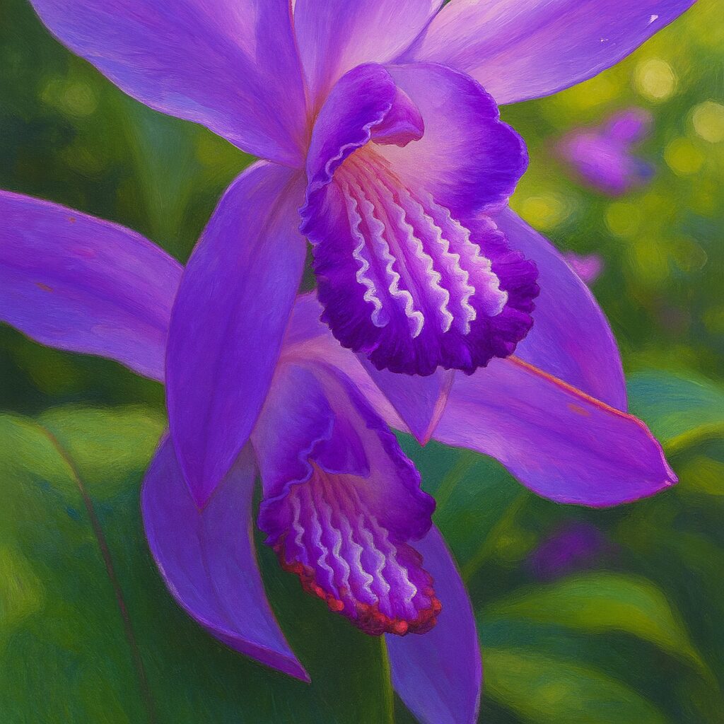 草むらに咲くシランの群生を緻密に描いた自然風イラスト