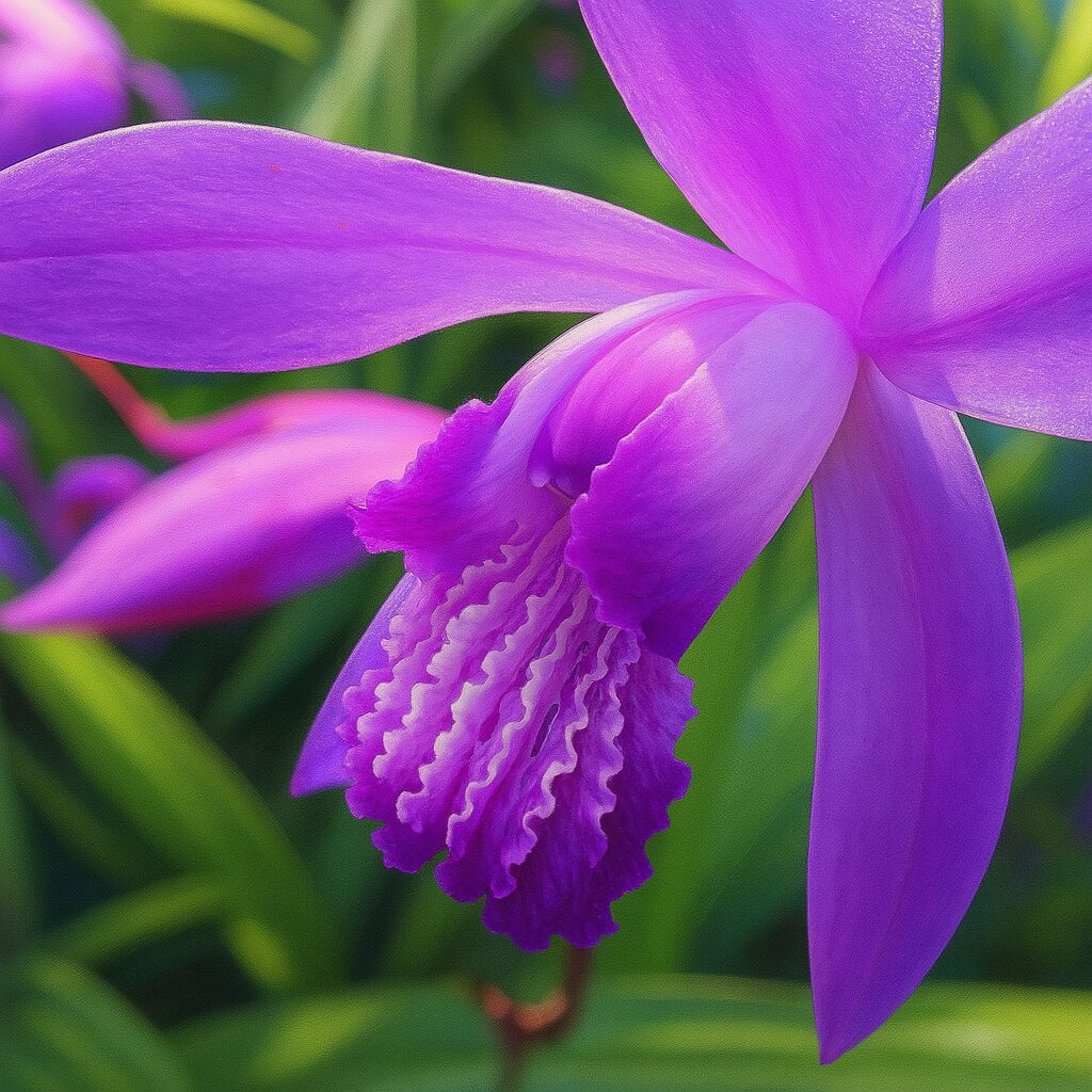 鮮やかに咲くシランの紫色の花をリアルに描いたイラスト