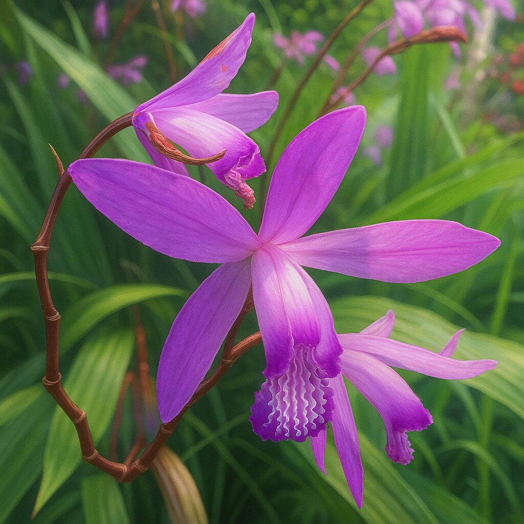 自然の中で咲くシランの花を写実的に描いたイラスト