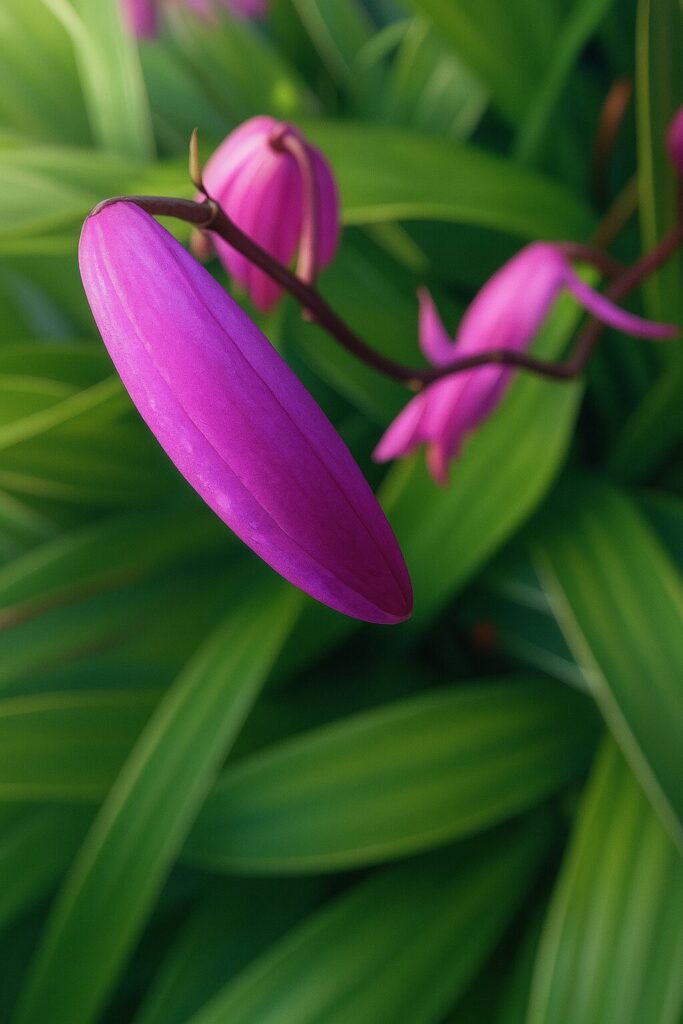 紫色のつぼみが浮き出るように描かれたシランの植物画
