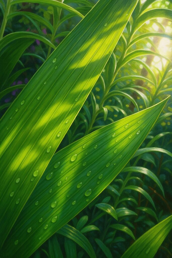 光と影が織りなすシランの葉の質感を丁寧に表現したイラスト