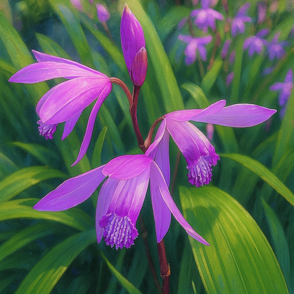 群生する中で咲くシランの花を繊細に描いた植物イラスト