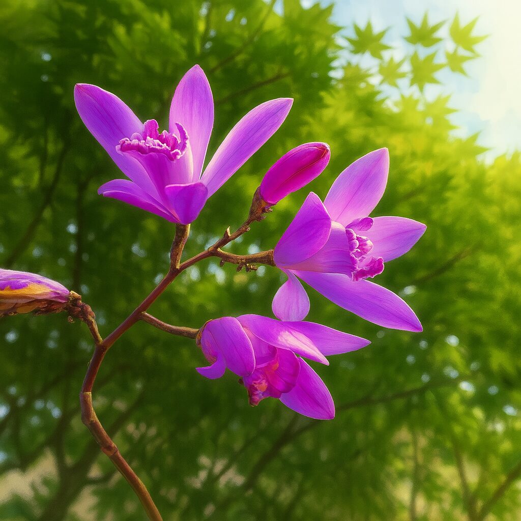 木々の背景とともにシランの花を優雅に描いたボタニカルアート