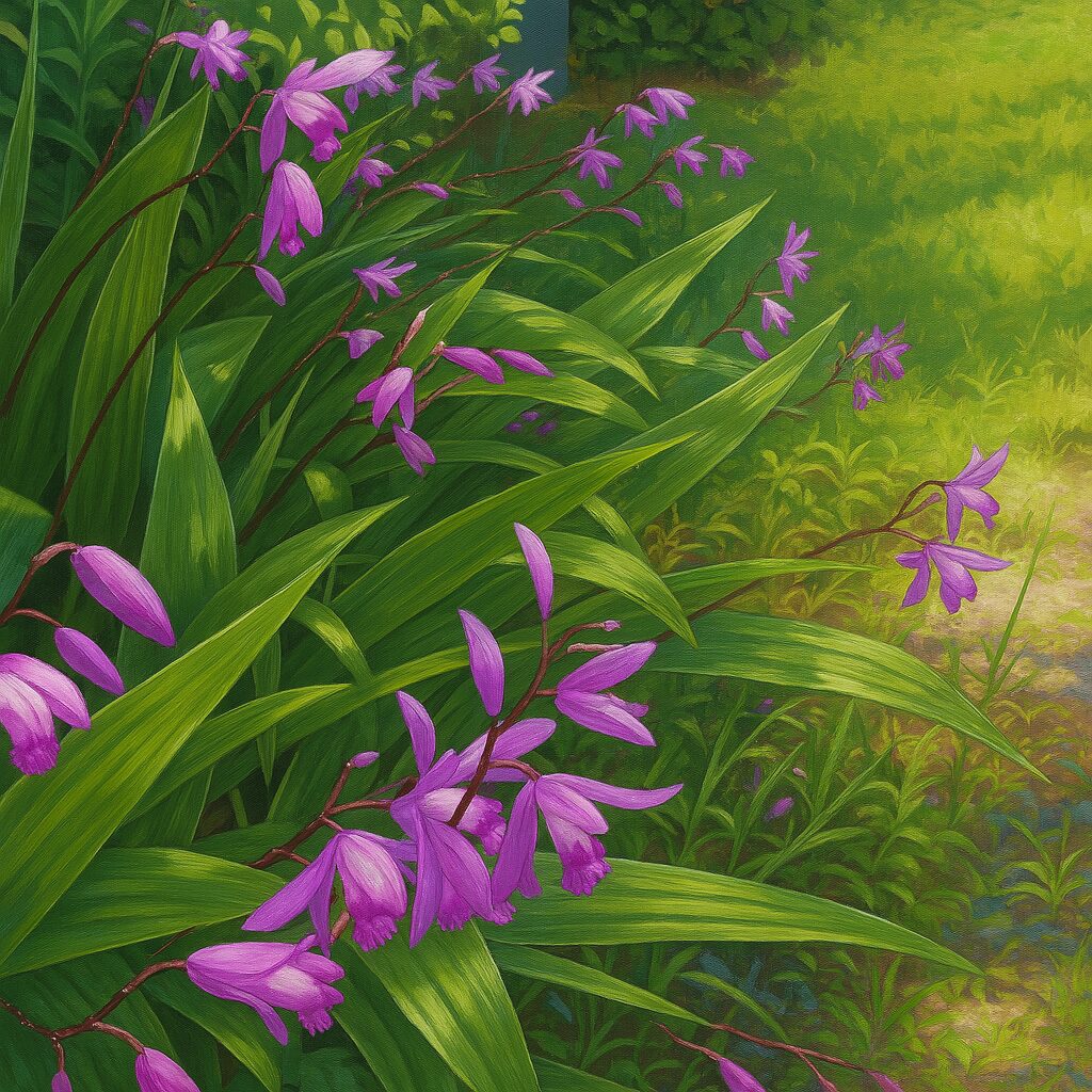 庭に咲くシランの群生風景をリアルに描いた自然イラスト