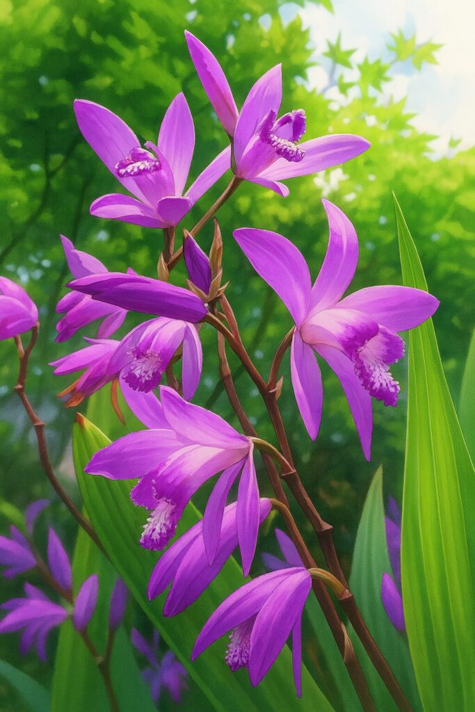 緑豊かな庭に咲くシランの花を美しく表現した植物画