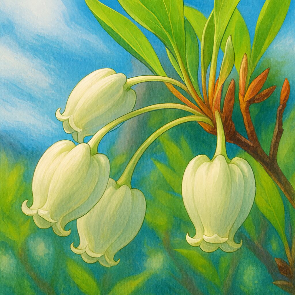 青空を背景にしたドウダンツツジの白い壺型花のボタニカルイラスト