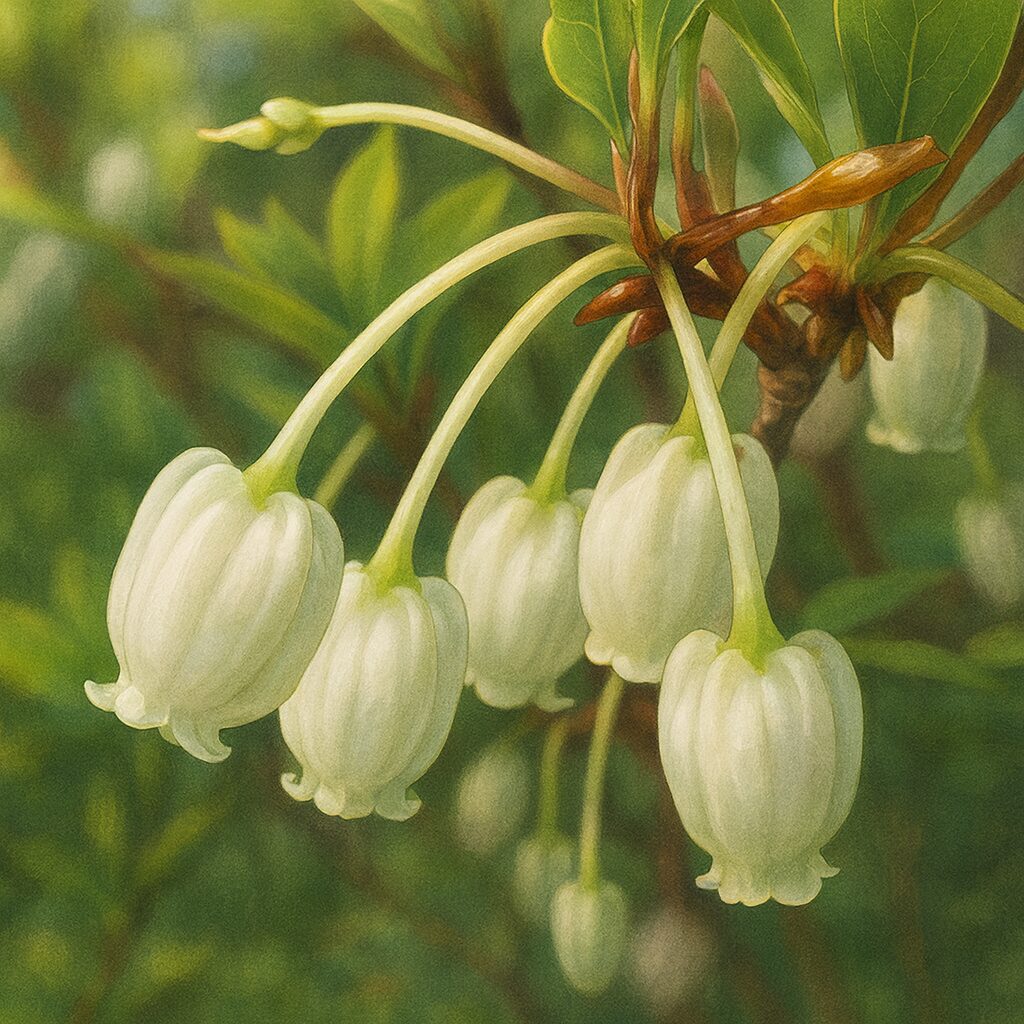 緑のボケを背に垂れるドウダンツツジの白花房を精密に描いた植物イラスト