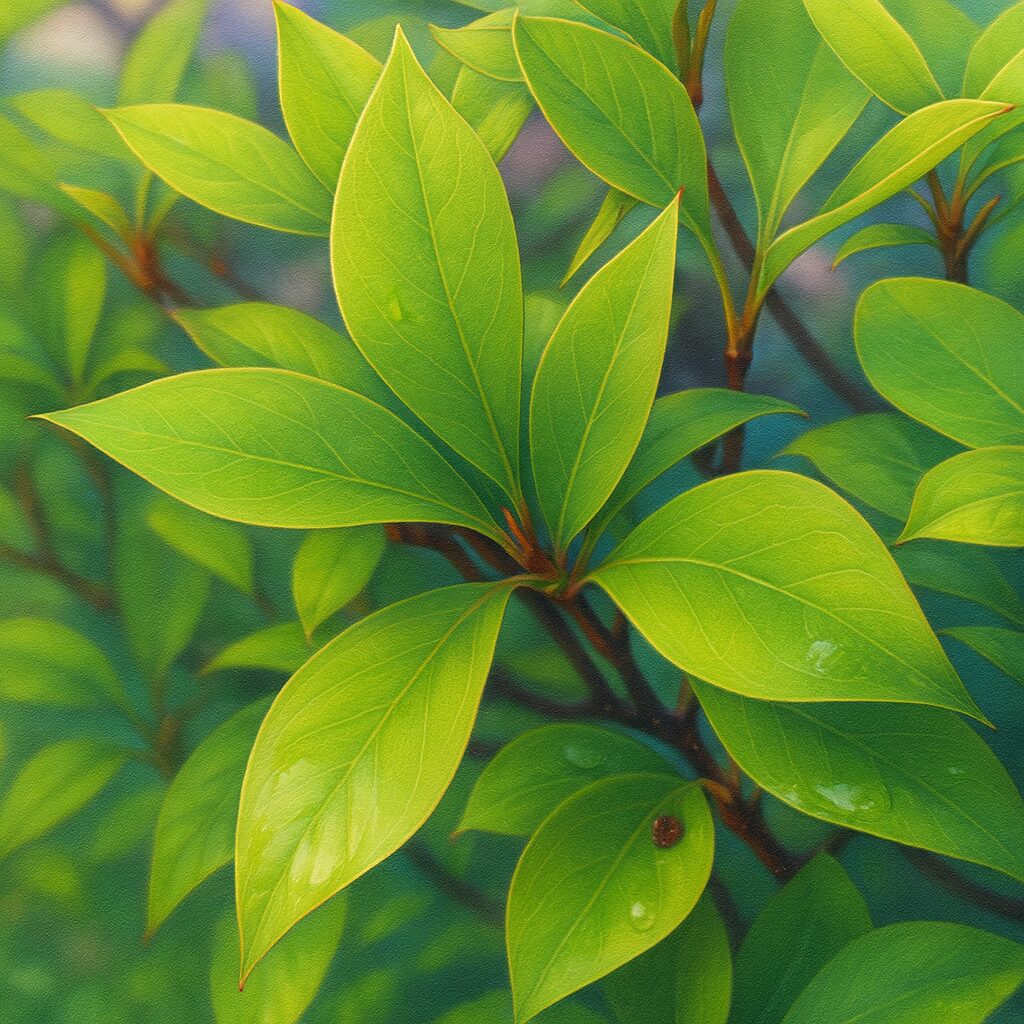 新緑の葉の艶と葉脈を描き込んだドウダンツツジの葉イラスト