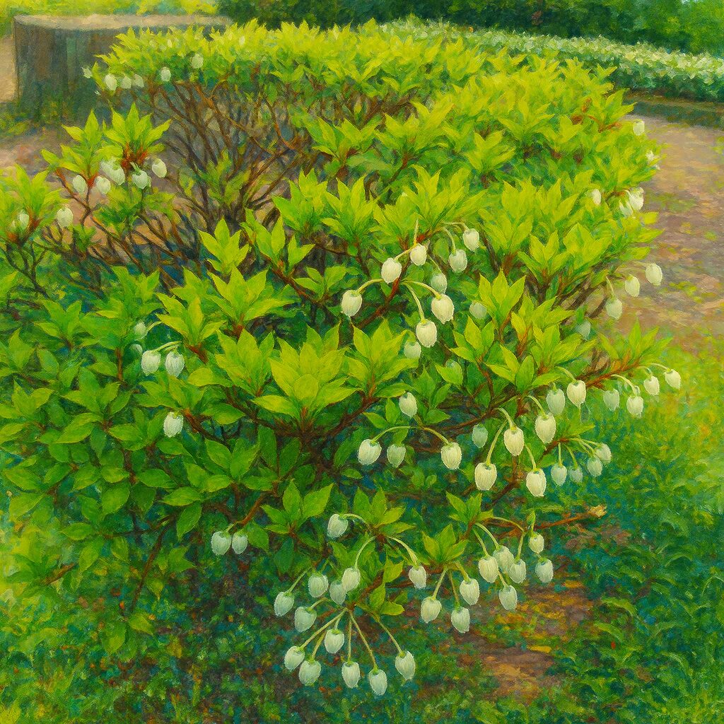 公園の生垣として咲くドウダンツツジ低木全景の風景イラスト