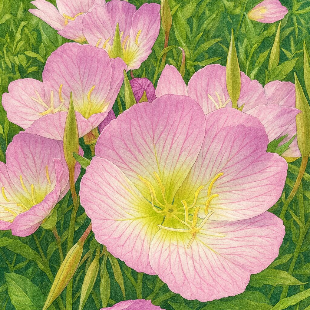 春の草原に群生するヒルザキツキミソウの花を描いたリアル風イラスト