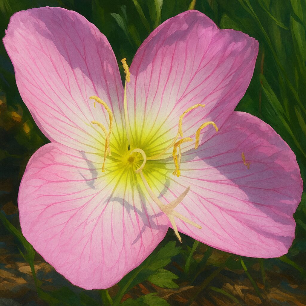 ピンク色に咲くヒルザキツキミソウの花をアップで描いた植物イラスト