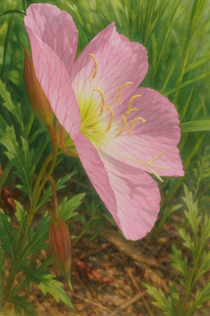 斜め横から見たヒルザキツキミソウの花と雄しべを細密に描いたイラスト